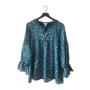 AnnieWear Los Angeles Boho Chiffon Blouse L Blue Green Ikat Ruffle Sleeve